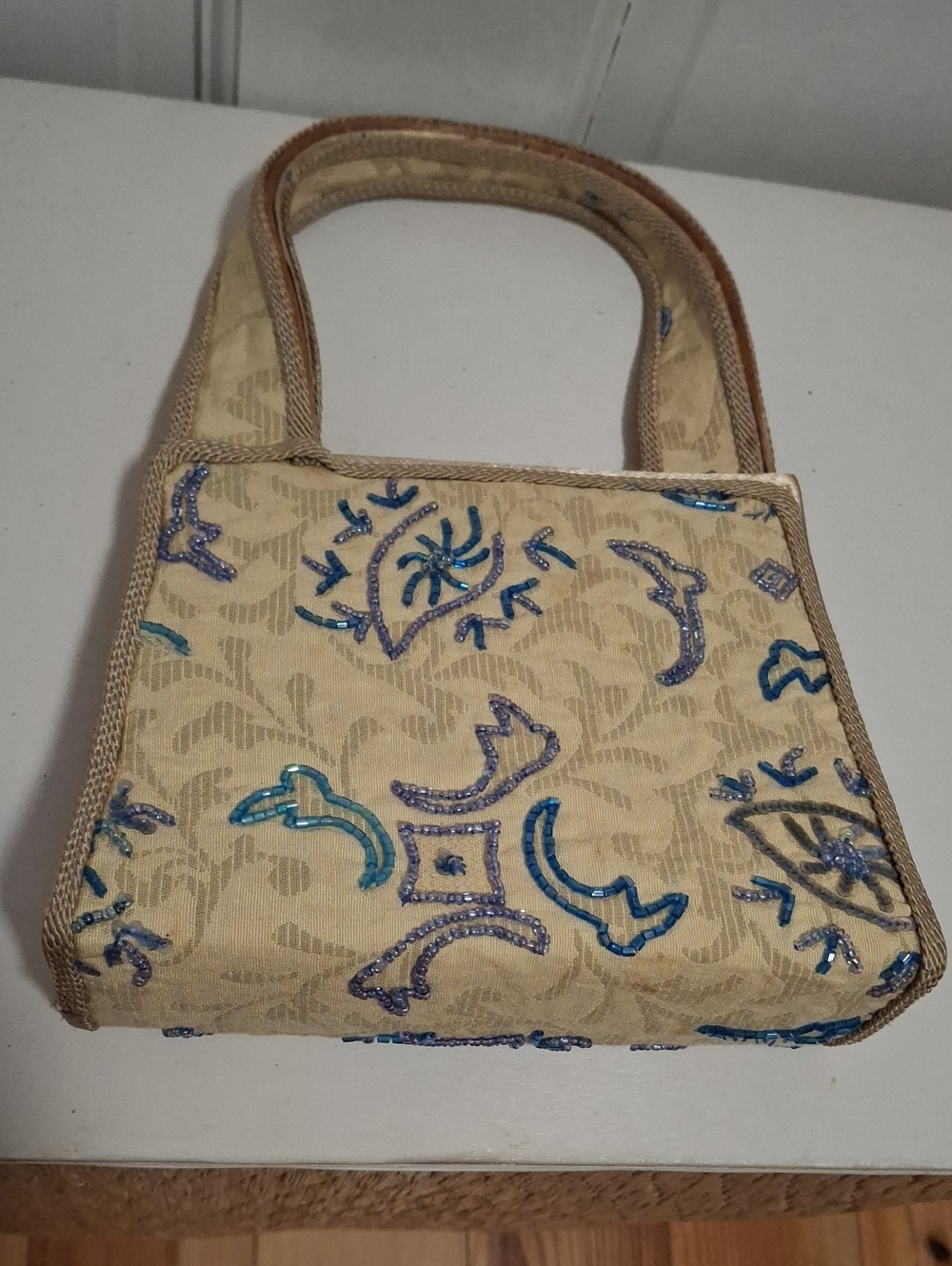 Moo Roo Beige Shoulder Bag with Blue Beaded Embroidery